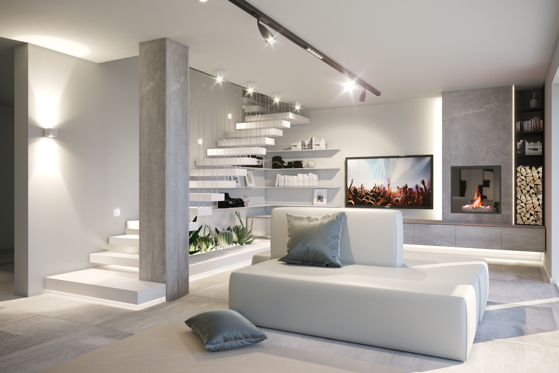 interior design con scala a giorno per un living total white