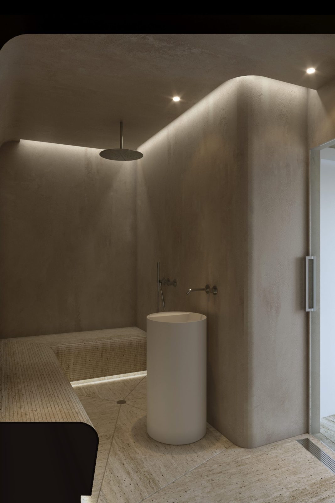 Bagno moderno con pareti in resina effetto cemento, lavabo a colonna bianco cilindrico e panca in pietra integrata con illuminazione a LED soffusa.
