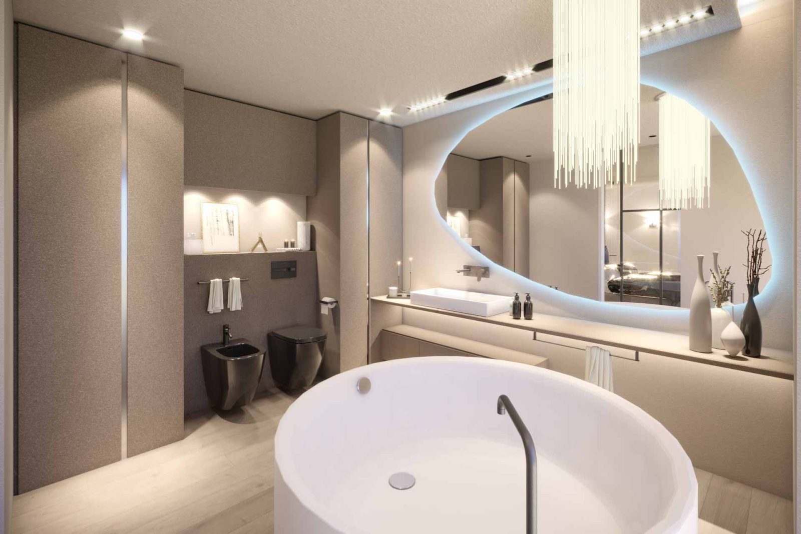 Bagno di lusso moderno con vasca rotonda a centro stanza, grande specchio organico retroilluminato a LED e sanitari neri sospesi su pareti texturizzate beige.