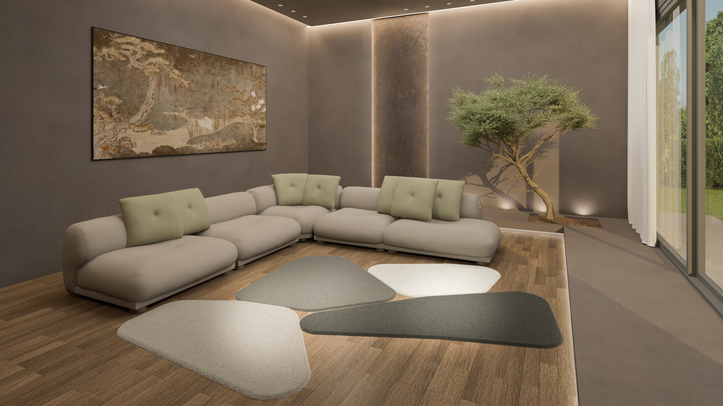 rendering di un soggiorno con una composizione dei tappeti I SASSI, una collezione di tappeti modulari ideata da Michele Volpi e prodotta da Rossano Scontini Srl. La loro forma morbida e organica permette di creare composizioni libere e personalizzabili