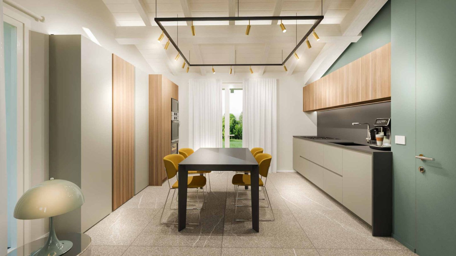 design di una cucina su due pareti e zona pranzo centrale