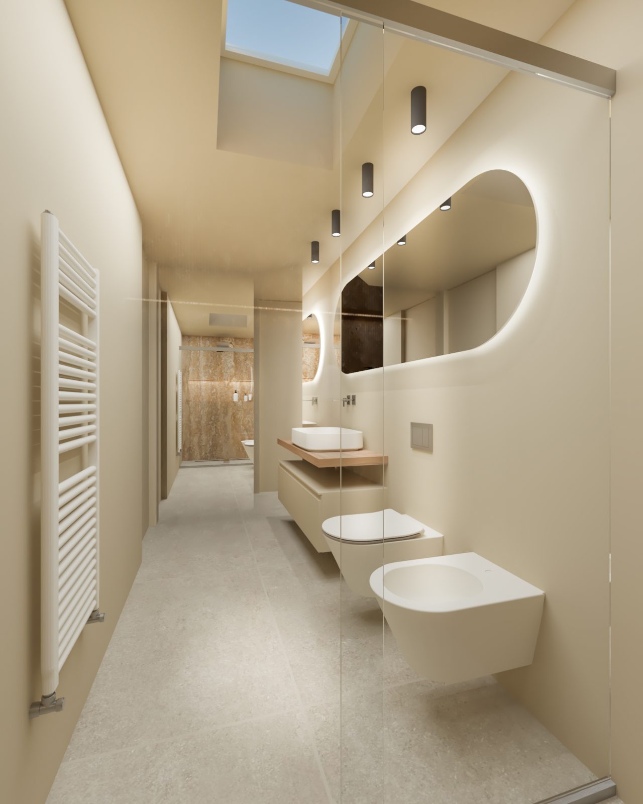 Bagno di Design a Firenze: Resina, Travertino e Luce Indiretta – MICHELE VOLPI STUDIO INTERIOR DESIGN Bagno moderno con pareti in resina tortora, pavimento in travertino, specchio sagomato con retroilluminazione LED e faretti a cilindro neri.