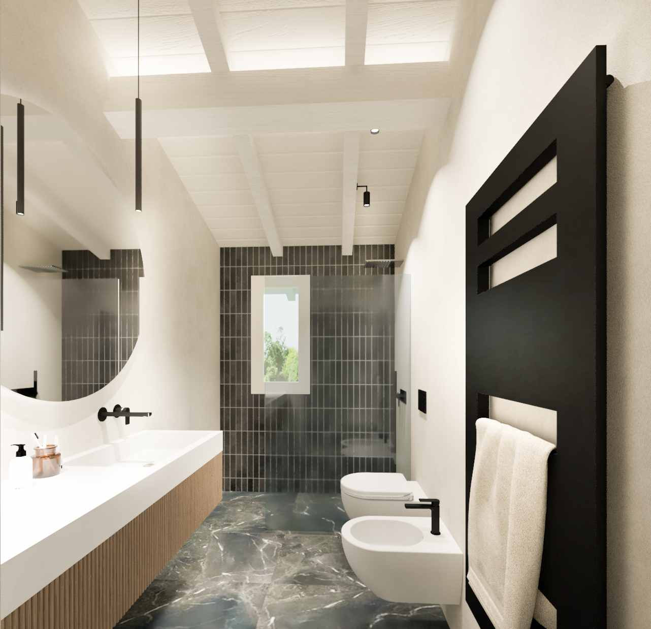 interior design di un bagno minimal, tutto giocato sui toni di bianco e nero.