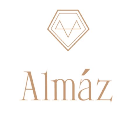 Brand logo: geometric hexagon emblem above the beige wordmark 'Alm&aacute;z'.