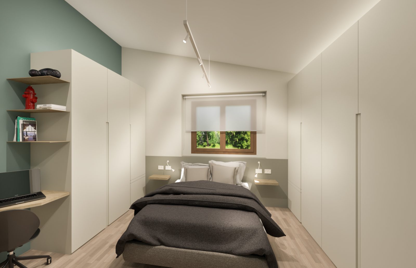 Cameretta Moderna Minimalista: Design Funzionale e Toni Neutri – MICHELE VOLPI STUDIO INTERIOR DESIGN Cameretta moderna con letto singolo, scrivania integrata, pareti grigio chiaro e sistema di illuminazione a binario nero con faretti orientabili.