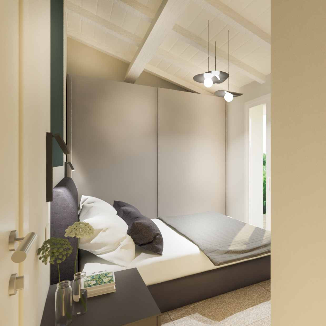 arredamento-camera-matrimoniale-mansarda-moderna – MICHELE VOLPI STUDIO INTERIOR DESIGN Camera da letto matrimoniale in mansarda con soffitto a travi bianche, armadio a muro beige, letto moderno grigio scuro e lampadari a sospensione minimalisti.