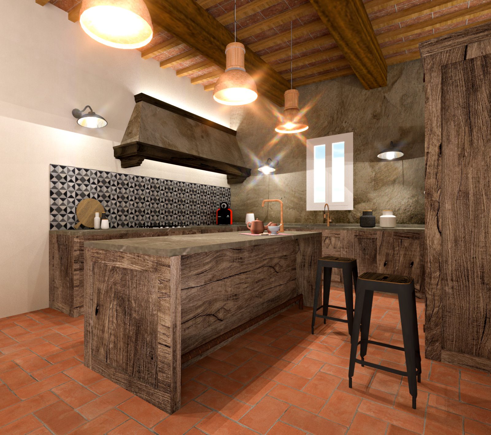 Cucina rustica moderna con isola in legno grezzo, pavimento in cotto, soffitto con travi in legno e mattoni, e piastrelle paraschizzi geometriche nere e grigie.