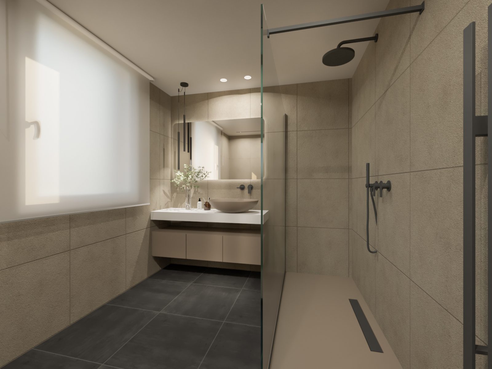 l'immagine di un bagno moderno rivestito in gres e con doccia walk in