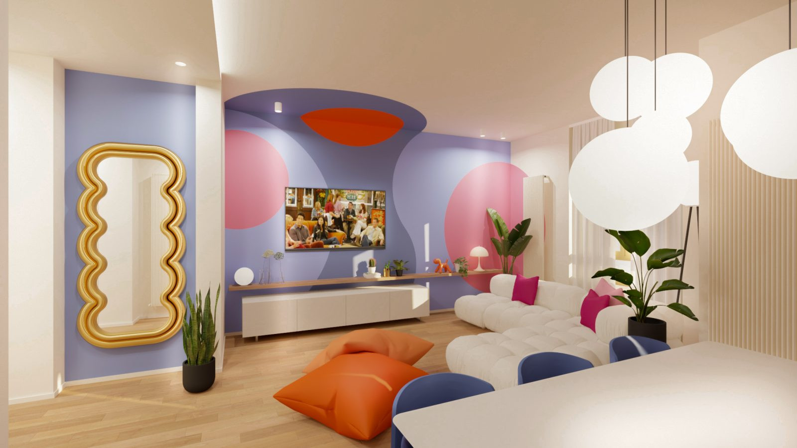 Appartamento in stile anni 60, con una zona giorno coloratissima dallo stile Pop e dai giochi di luce
