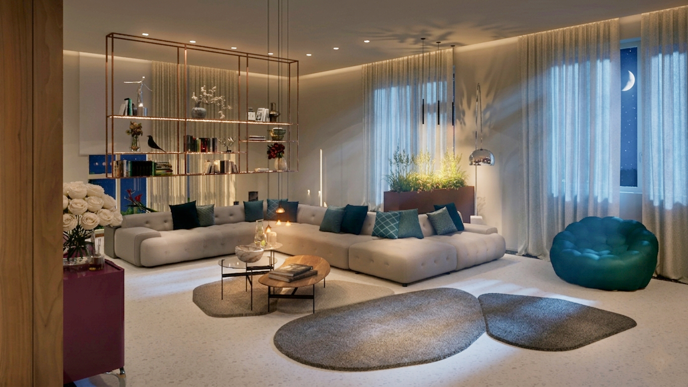 Living Room Contemporaneo: Atmosfera Notturna e Design Sofisticato – MICHELE VOLPI STUDIO INTERIOR DESIGN Render notturno di un ampio soggiorno moderno con grande divano modulare grigio chiaro, libreria sospesa in metallo color rame, tappeti organici della serie " I Sassi" design by Michele Volpi e illuminazione d'atmosfera .