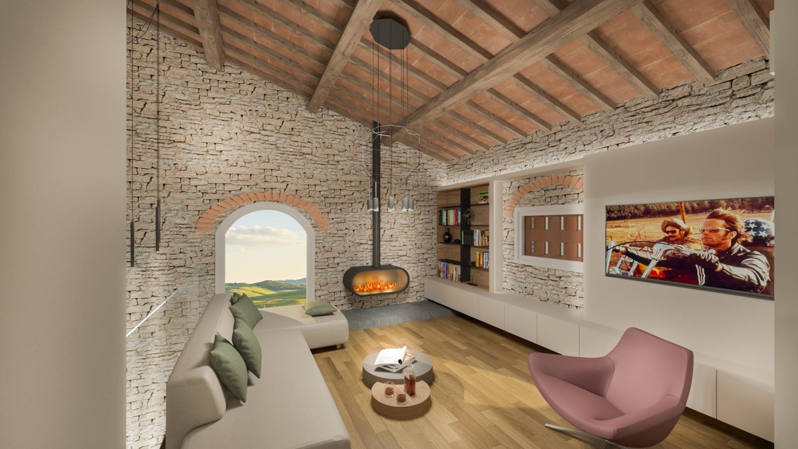 travi in legno a vista - muri in pietra - Interior design Michele Volpi – MICHELE VOLPI STUDIO INTERIOR DESIGN vista di una zona living e cucina per un rustico arredato in chiave moderna . Interior design Michele Volpi