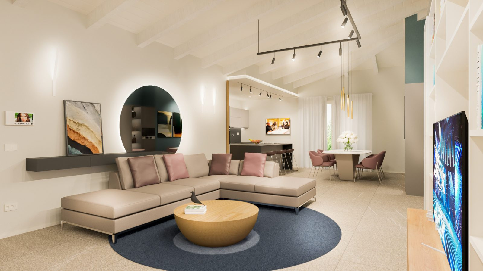 Rendering di un open space, rappresentante una zona living in stile minimal e dietro di essa, la zona pranzo e cucina