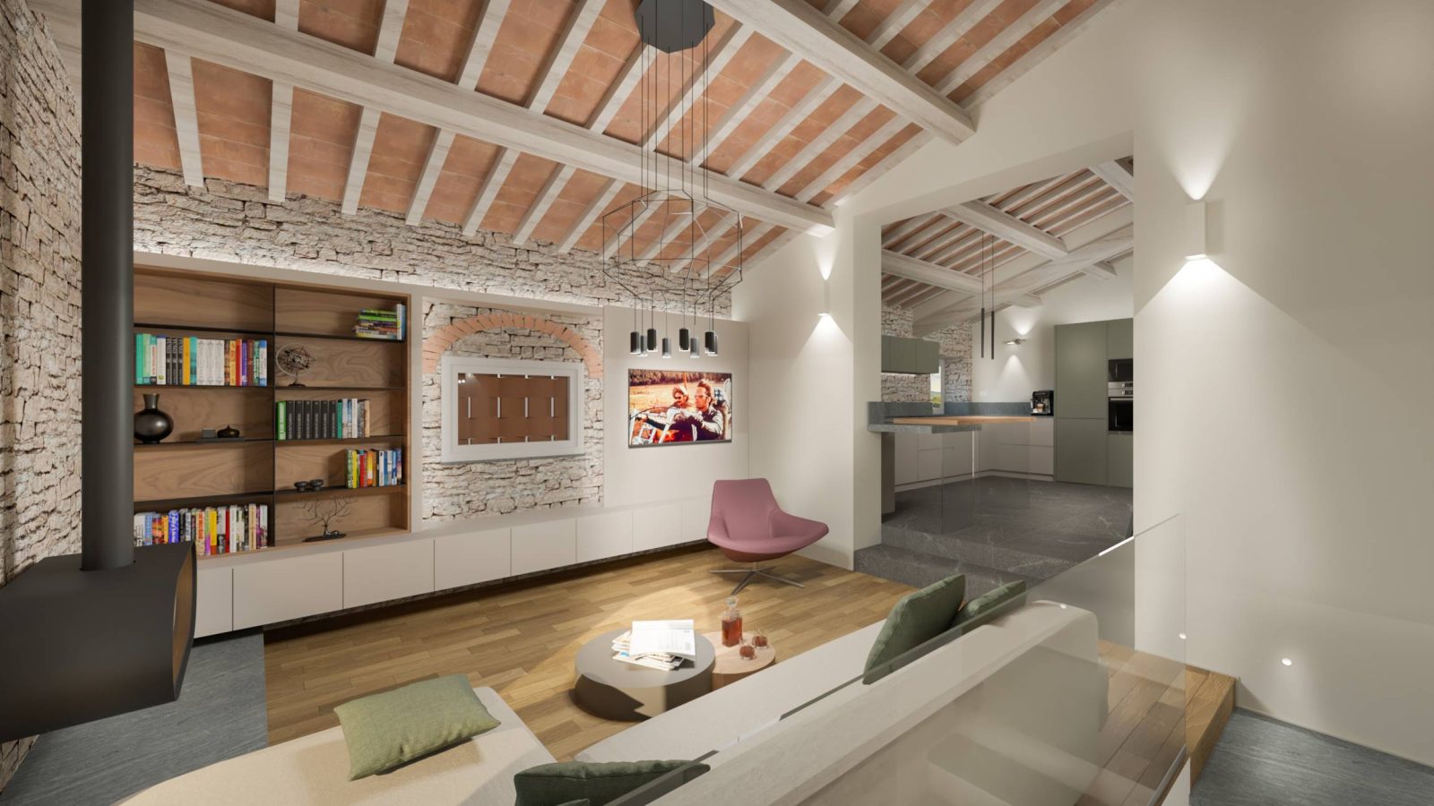 vista di una zona living e cucina per un rustico arredato in chiave moderna . Interior design Michele Volpi