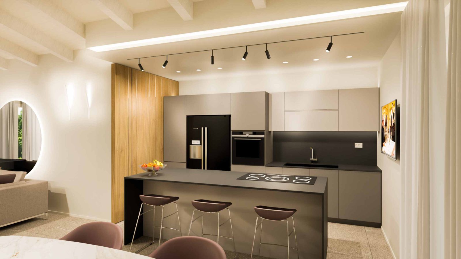 cucina-isola-moderna-open-space-illuminazione-binario – MICHELE VOLPI STUDIO INTERIOR DESIGN Open space moderno con cucina a isola grigio scuro, piano cottura a induzione, sgabelli di design, armadiature in legno e sistema di illuminazione a binario nero.