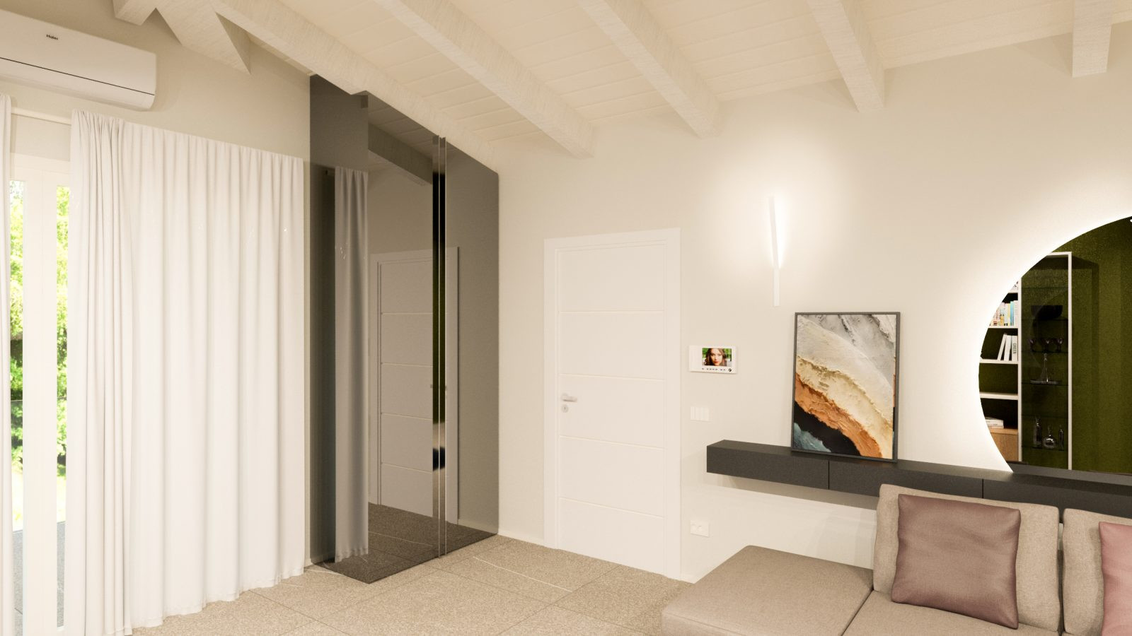 rendering della zona ingresso di un appartamento, con un guardaroba con ante a specchio e mensola svuota tasche con specchio tondo