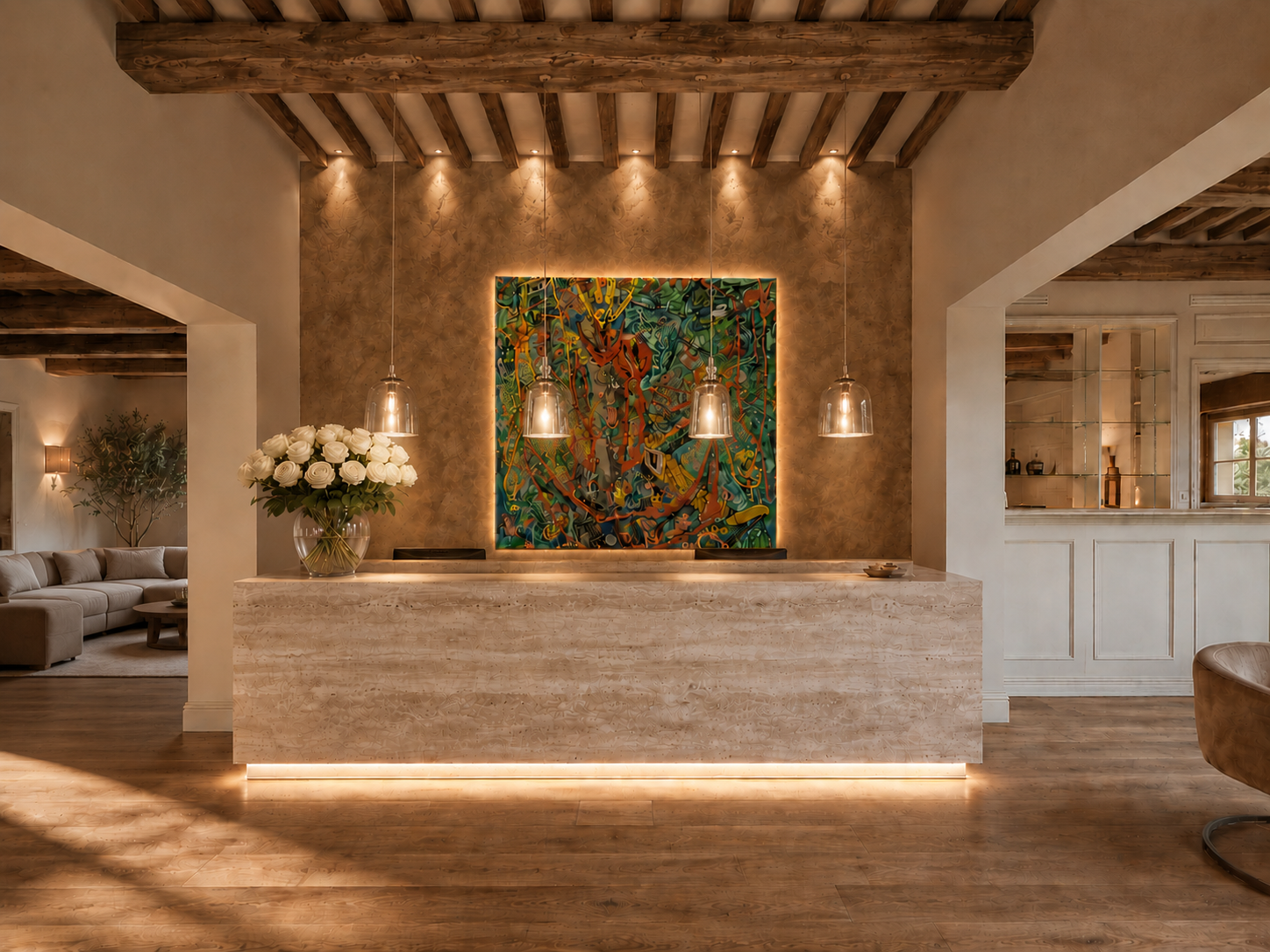 Interior design della reception di un boutique hotel: il primo ricordo dell'ospite – MICHELE VOLPI STUDIO INTERIOR DESIGN Reception di boutique hotel progettata con interior design contemporaneo, bancone in travertino illuminato, travi in legno a vista e opera d'arte scenografica.