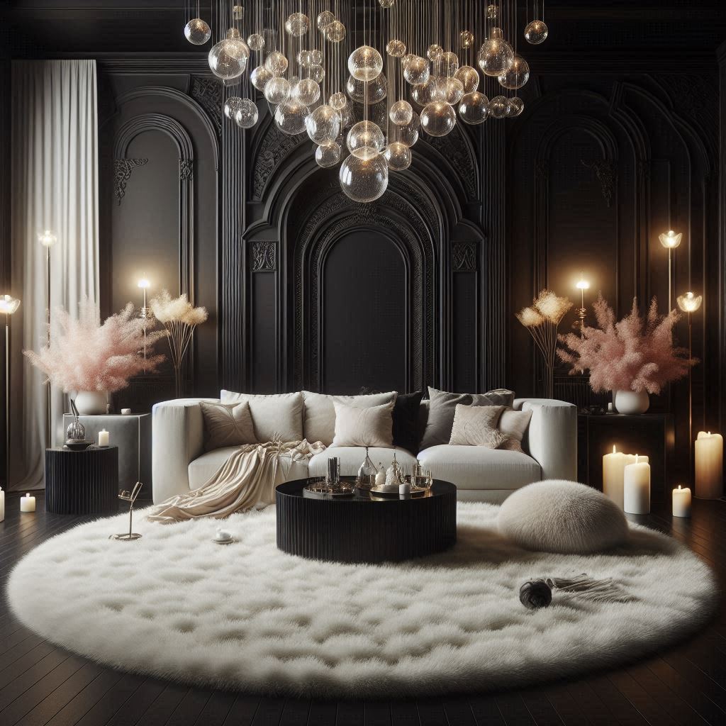 ambiente e energia black and white – MICHELE VOLPI STUDIO INTERIOR DESIGN un soggiorno con pareti e pavimento in nero e tappeto e divani bianchi
