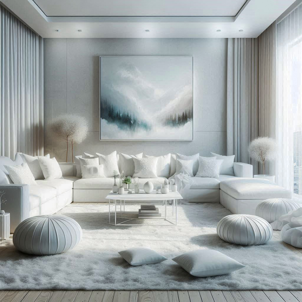 Soggiorno moderno total white con grande divano angolare, tappeto a pelo lungo, pouf rotondi e quadro astratto con paesaggio invernale.