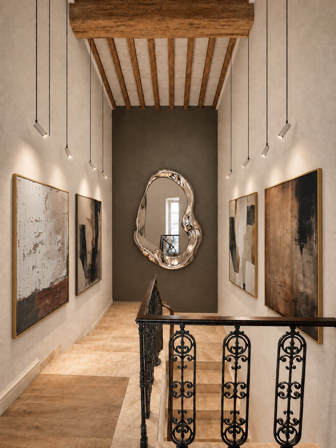 Interior design per hotel: il percorso dell'ospite tra arte, architettura e luce – MICHELE VOLPI STUDIO INTERIOR DESIGN Progetto di interior design per hotel con scala monumentale, opere d'arte contemporanea, illuminazione scenografica e soffitto con travi in legno a vista.