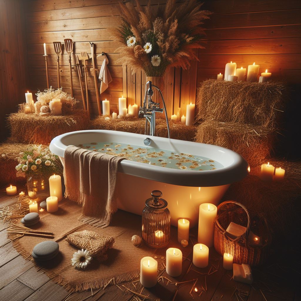 immagine di una vasca da bagno circondata da candele e contestualizzata in un ambiente agreste con balle di fieno e legno alle pareti
