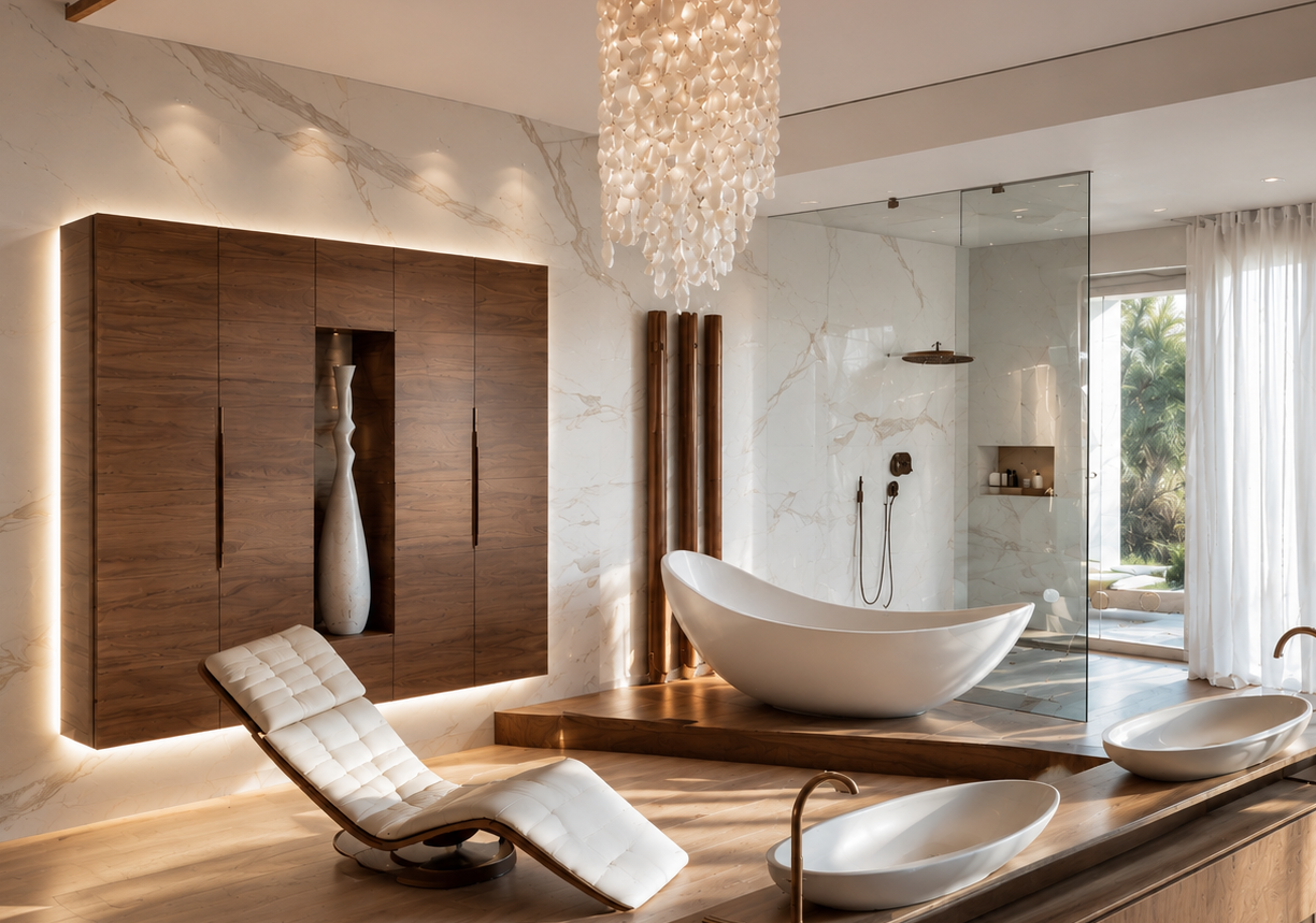 Bagno di lusso con vasca a isola, doccia walk-in e area relax. – MICHELE VOLPI STUDIO INTERIOR DESIGN Fotografia di interni di un bagno di lusso moderno e spazioso. La scena presenta una grande vasca a isola bianca, una doccia walk-in con box in vetro, due lavabi a bacinella su un mobile in legno e una poltrona relax imbottita in pelle bianca. Le pareti sono in marmo bianco, il pavimento è in legno e un grande lampadario pendente moderno illumina lo spazio.