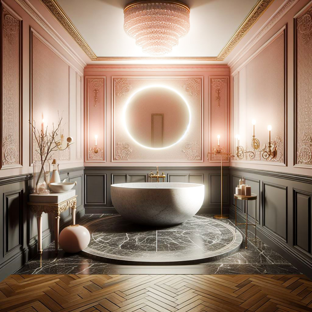 bagno-lusso-vasca-marmo-design-neoclassico-casa-vacanze – MICHELE VOLPI STUDIO INTERIOR DESIGN Bagno di lusso con vasca circolare in marmo al centro della stanza, boiserie grigia e rosa, grande specchio retroilluminato e pavimento in parquet e marmo nero.