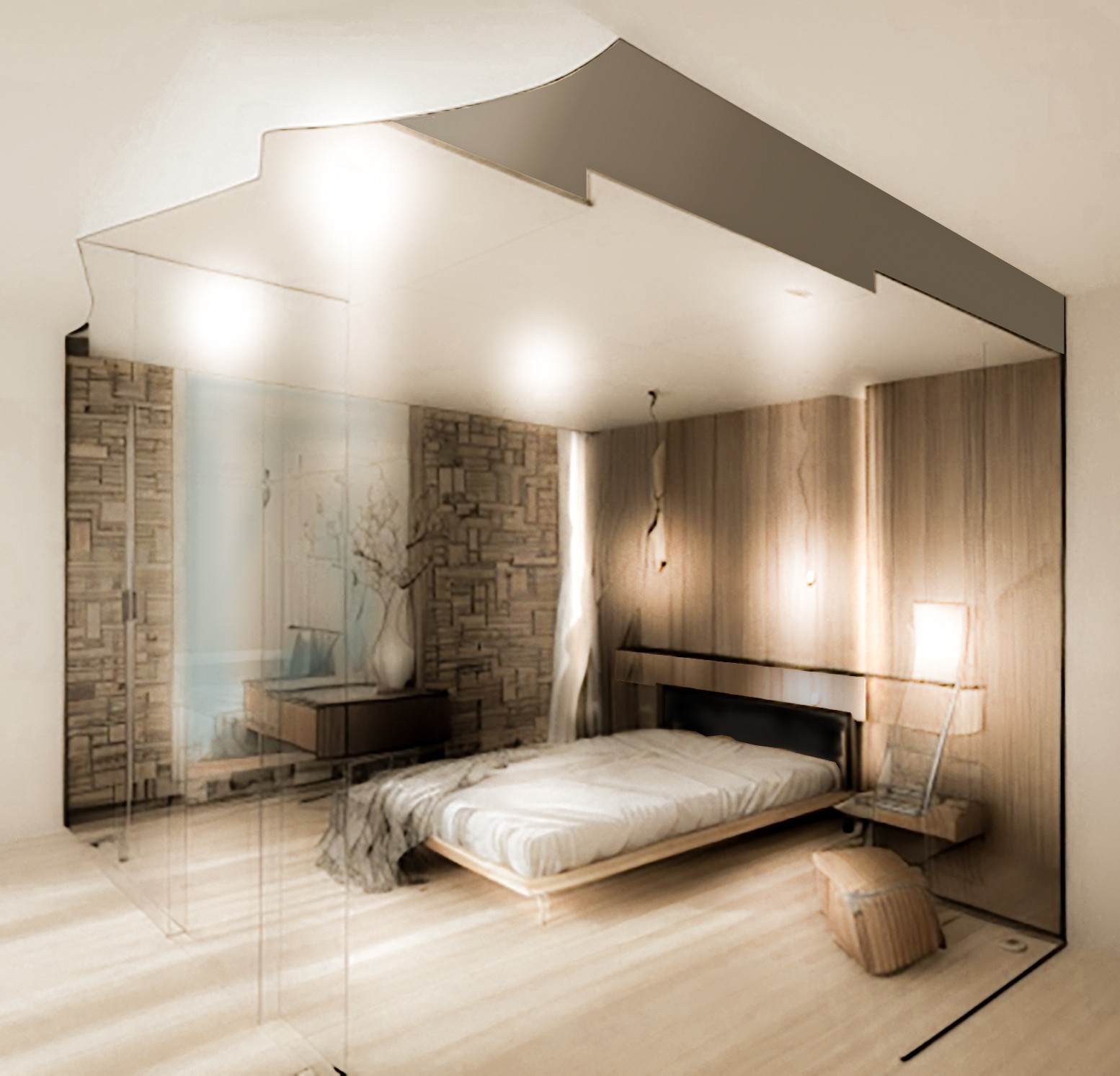 Bozzetto illustrativo per una camera le cui pareti sono rivestite in legno e pietra e caratterizzate da uno specchio posto fino a soffitto-