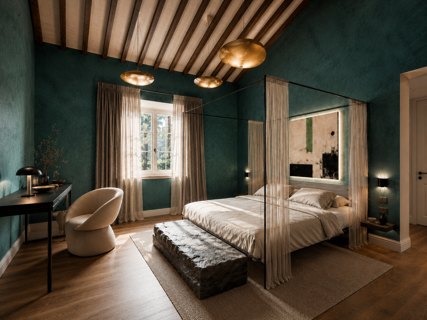Interior design per suite di hotel: il lusso contemporaneo come esperienza sensoriale – MICHELE VOLPI STUDIO INTERIOR DESIGN Suite di boutique hotel progettata con interior design contemporaneo, letto a baldacchino minimale, pareti color petrolio e illuminazione decorativa di design.