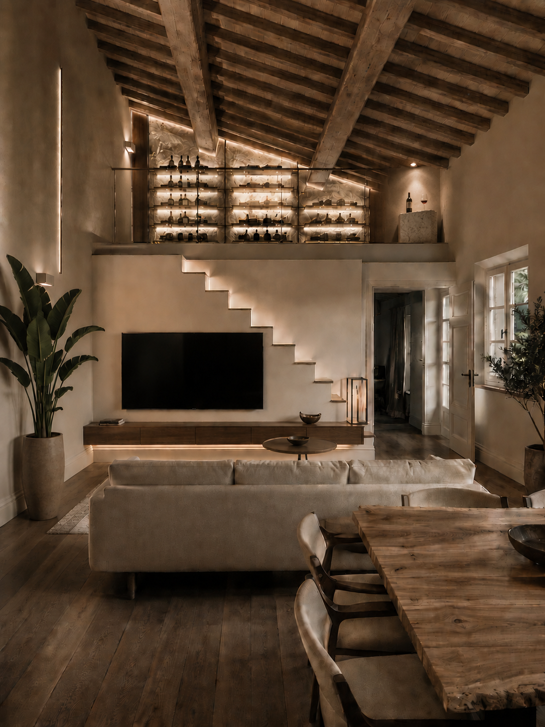Interior design per suite di charme: un'esperienza che va oltre il soggiorno – MICHELE VOLPI STUDIO INTERIOR DESIGN Suite progettata con interior design contemporaneo per hotel di charme, soppalco con cantina a vista, travi in legno e illuminazione scenografica.