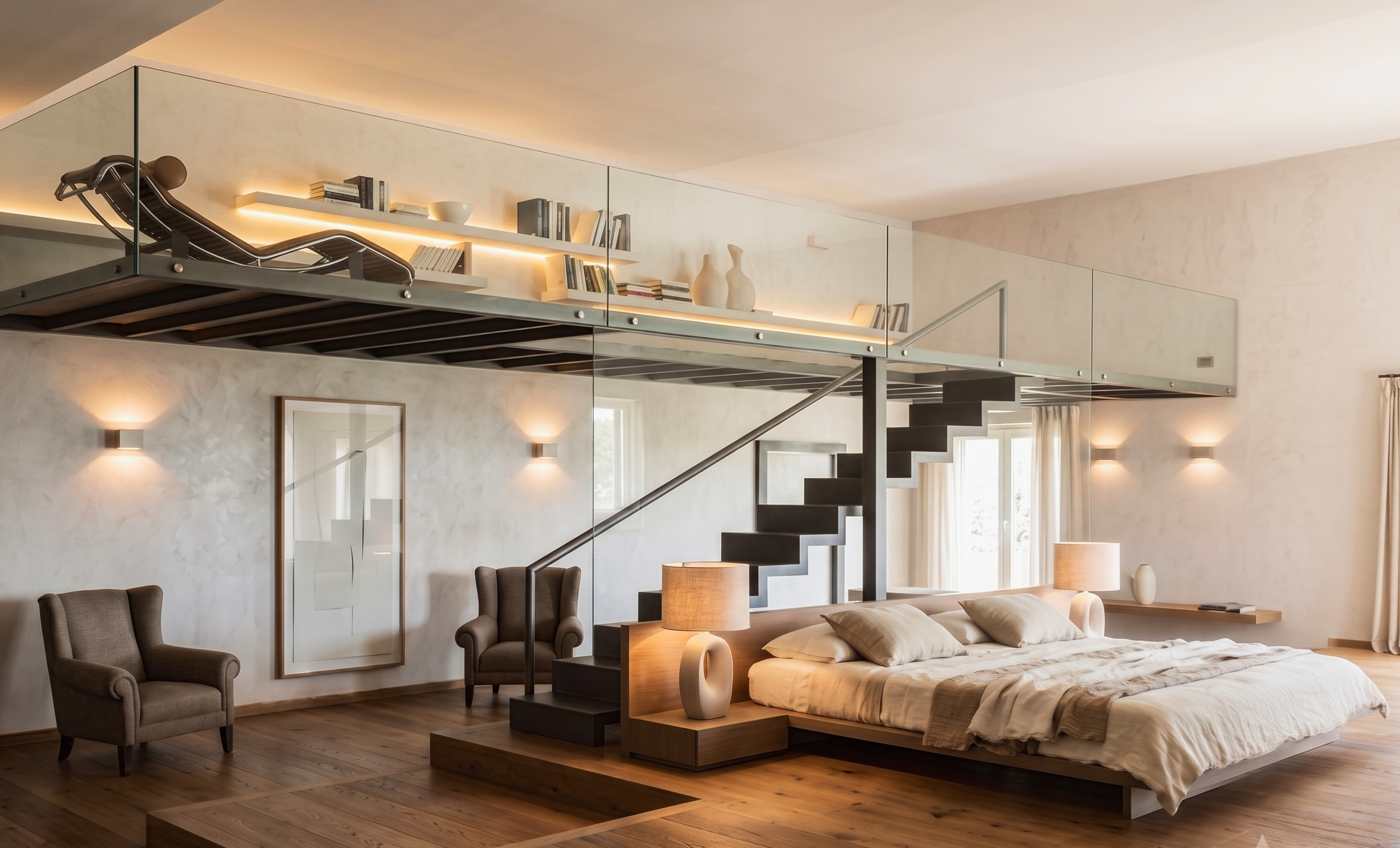 La Suite su Due Livelli: Eleganza Materica e Luce Calda – MICHELE VOLPI STUDIO INTERIOR DESIGN Minimalismo di Lusso: Loft Contemporaneo tra Legno e Microcemento