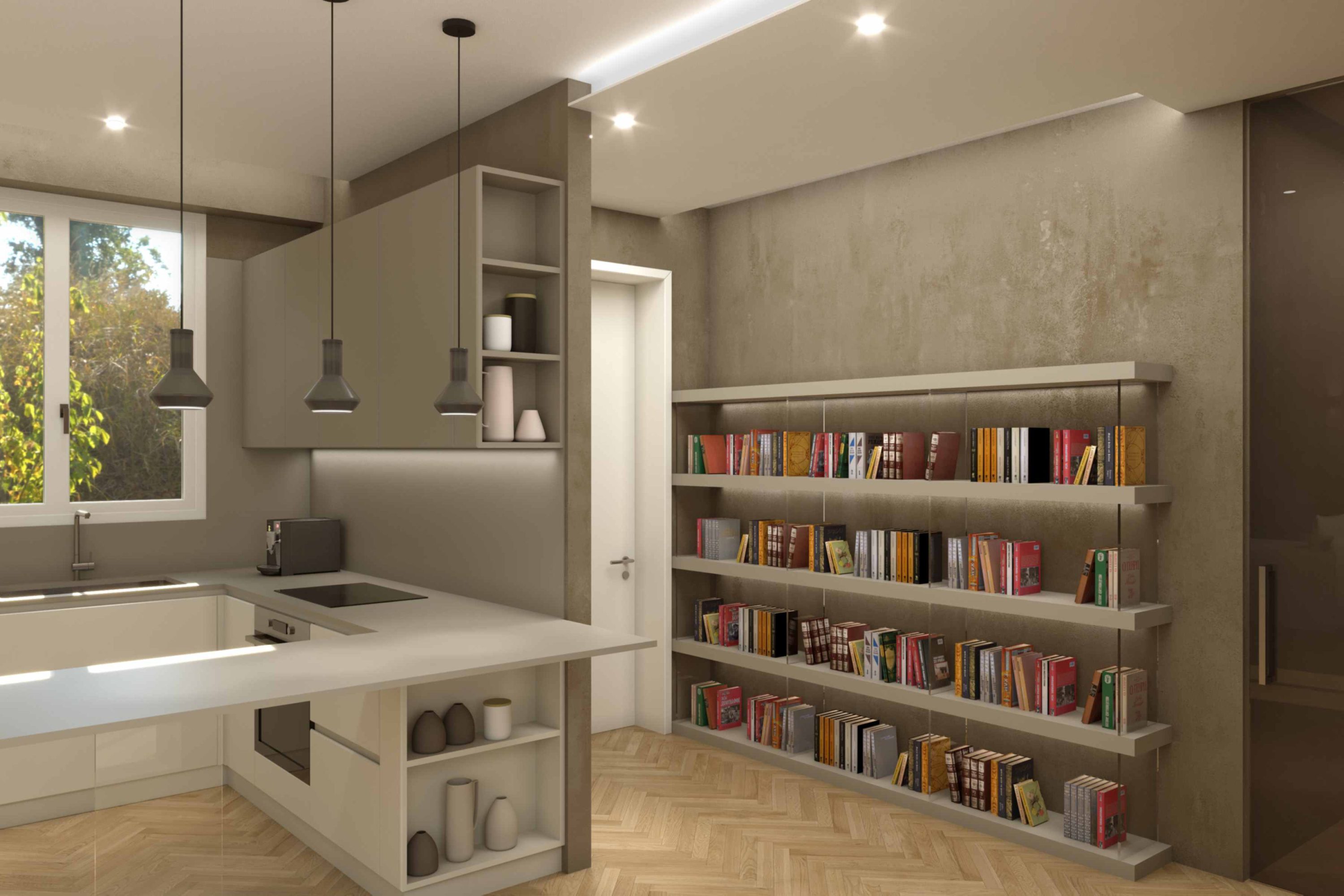 ingresso con libreria a giorno per un appartamento con cucina a vista e reso più prezioso da giochi di illuminazione diretta ed indiretta