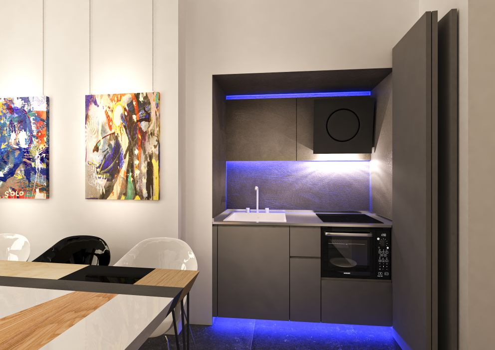 cucina nascosta – MICHELE VOLPI STUDIO INTERIOR DESIGN Rappresentazione della piccola cucina nascosta dietro alcune ante con apertura a libro