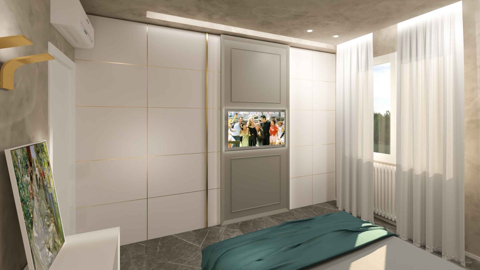 la parete con boiserie nasconde la cabina guardaroba, oltre che fare da cornice alla TV.