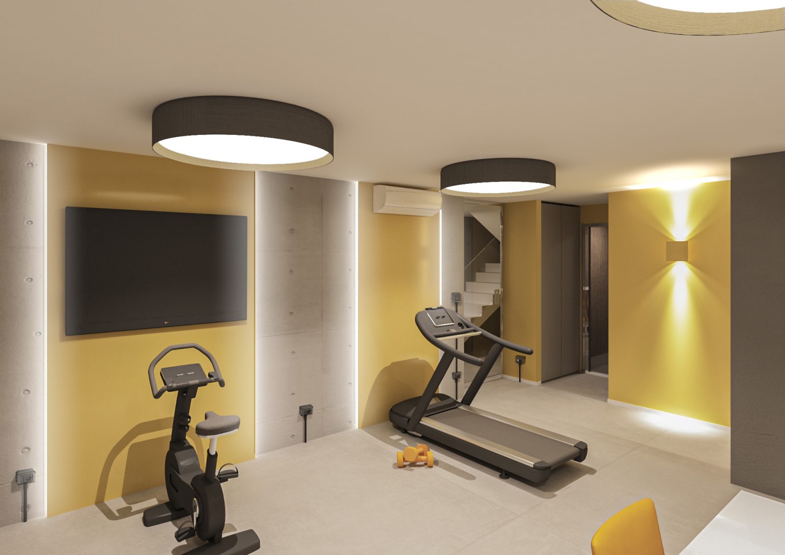 Palestra domestica moderna con pareti gialle e cemento a vista, dotata di tapis roulant, cyclette, grande schermo TV e plafoniere circolari di design.