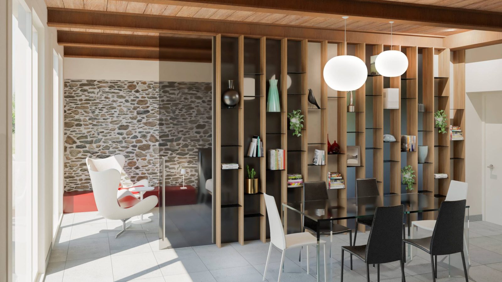 Libreria bifacciale divisoria con montanti in legno di noce e schienali in vetro satinato fumè, porta scorrevole in vetro integrata tra camera e open space.