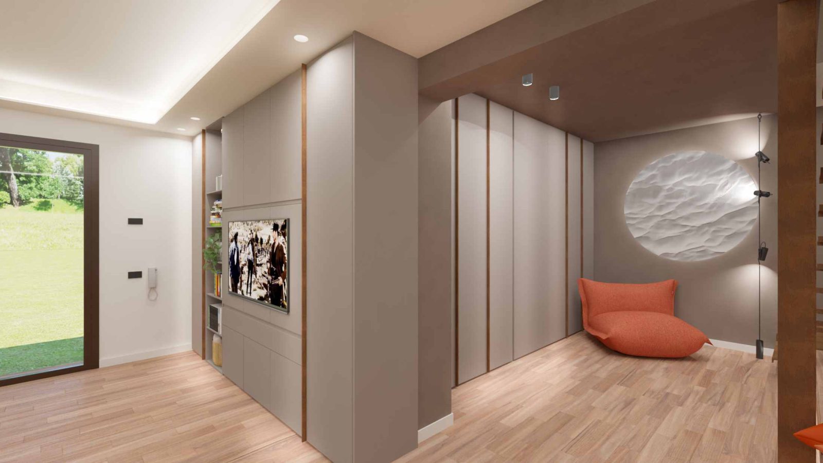 Angolo living moderno con poltrona sacco arancione, decorazione murale tonda 3D a onde, armadio a muro grigio e pavimento in legno chiaro