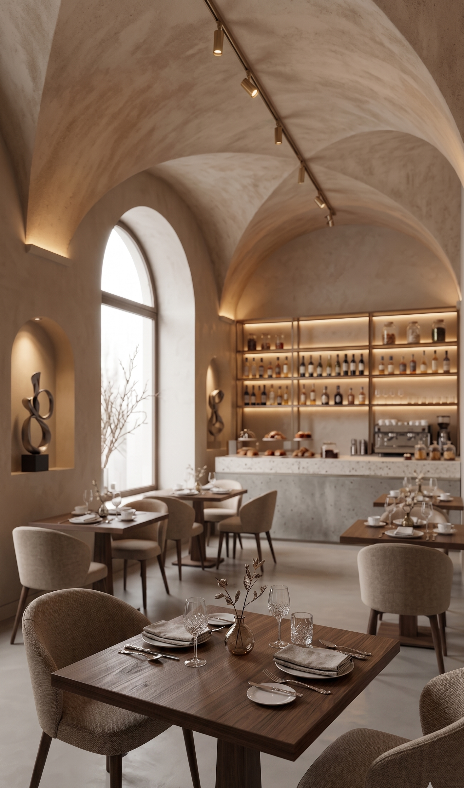 Interior design per sala colazioni di boutique hotel: l'eleganza dell'accoglienza quotidiana – MICHELE VOLPI STUDIO INTERIOR DESIGN Sala colazioni progettata con interior design contemporaneo per boutique hotel, volte storiche, arredi minimalisti e illuminazione architetturale integrata.back-lit bar stocked with bottles.
