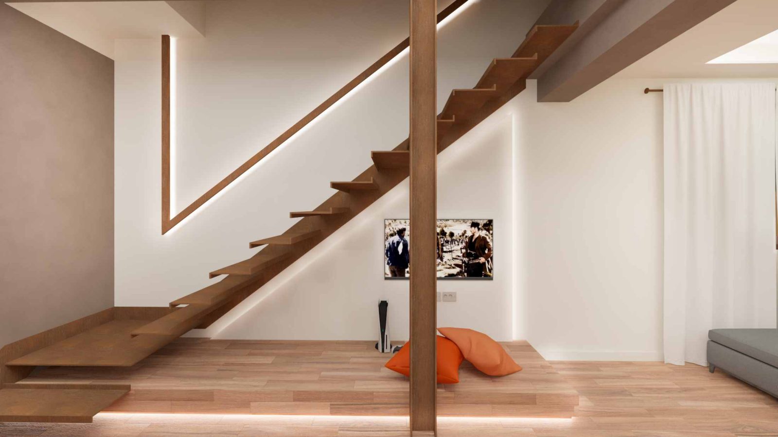 Scala moderna in corten a sbalzo in legno con illuminazione LED lineare integrata a parete, zona relax sottoscala con cuscini arancioni e TV.