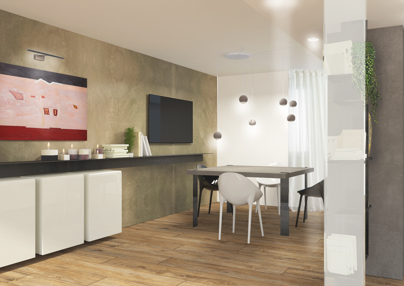 Sala da pranzo moderna con tavolo scuro, sedie di design bianche e nere, parete materica beige con TV e quadro astratto rosso.