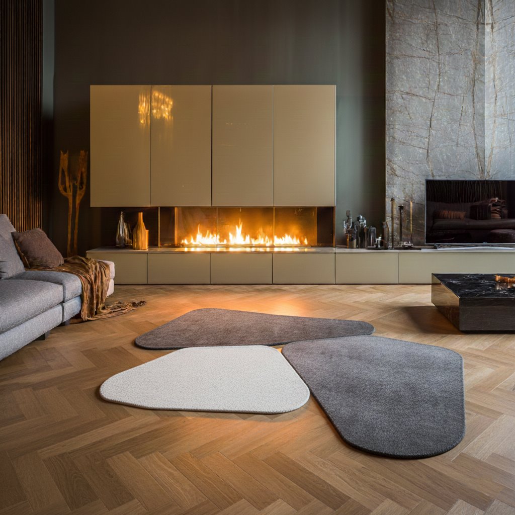 Soggiorno moderno con camino acceso, parquet in legno e composizione di tappeti i SASSI grigi e panna al centro della stanza.