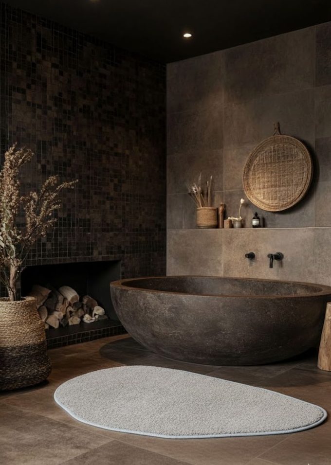 un unico elemento della collezione di tappeti I SASSI, inserito all'interno di un bagno originale. I SASSI, una collezione di tappeti modulari ideata da Michele Volpi e prodotta da Rossano Scontini Srl. La loro forma morbida e organica permette di creare composizioni libere e personalizzabili