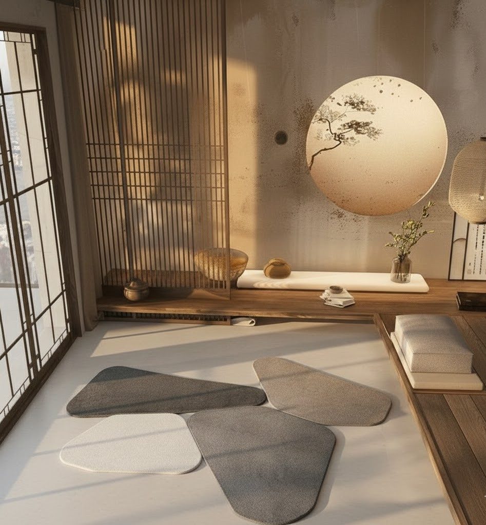 un soggiorno Japandi con inserito una composizione a 4 tappeti della collezione I SASSI, una collezione di tappeti modulari ideata da Michele Volpi e prodotta da Rossano Scontini Srl. La loro forma morbida e organica permette di creare composizioni libere e personalizzabili